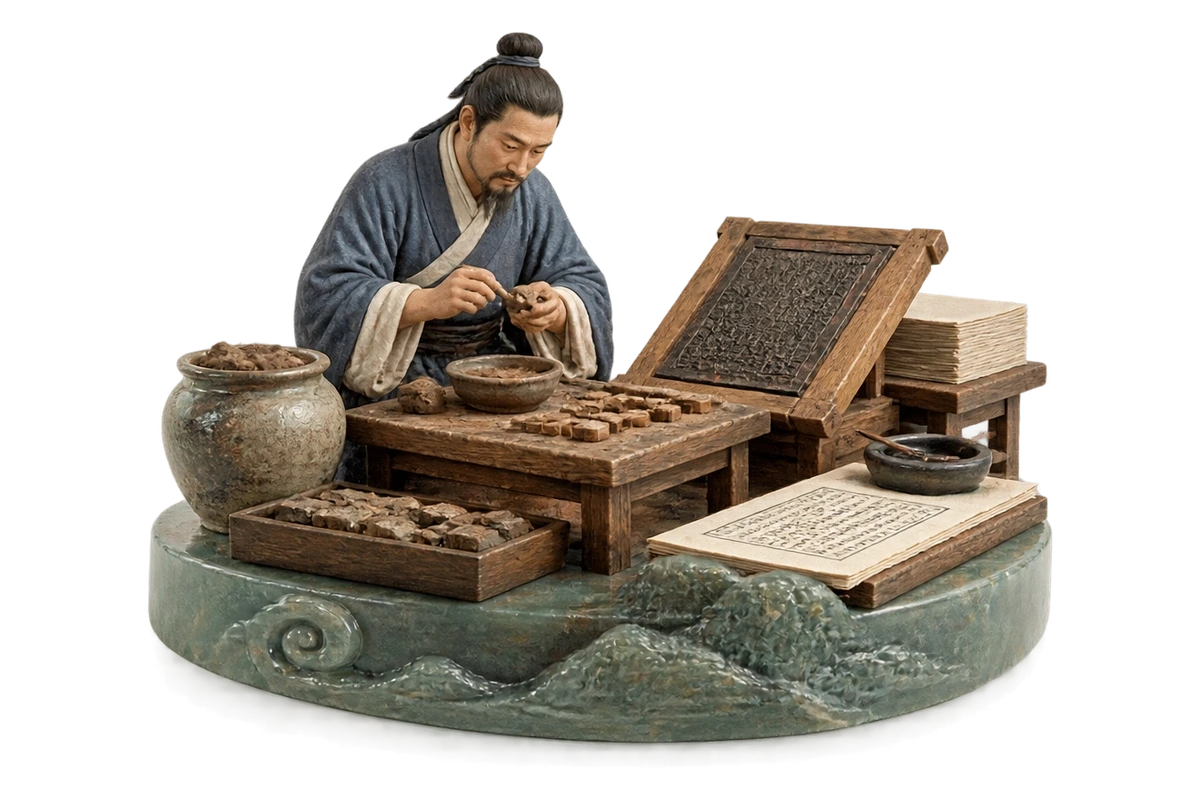 毕昇活字印刷 · AI 3D 历史主题示意