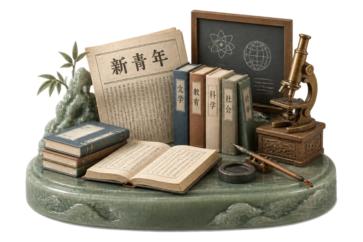 新文化运动展开 · AI 3D 历史主题示意