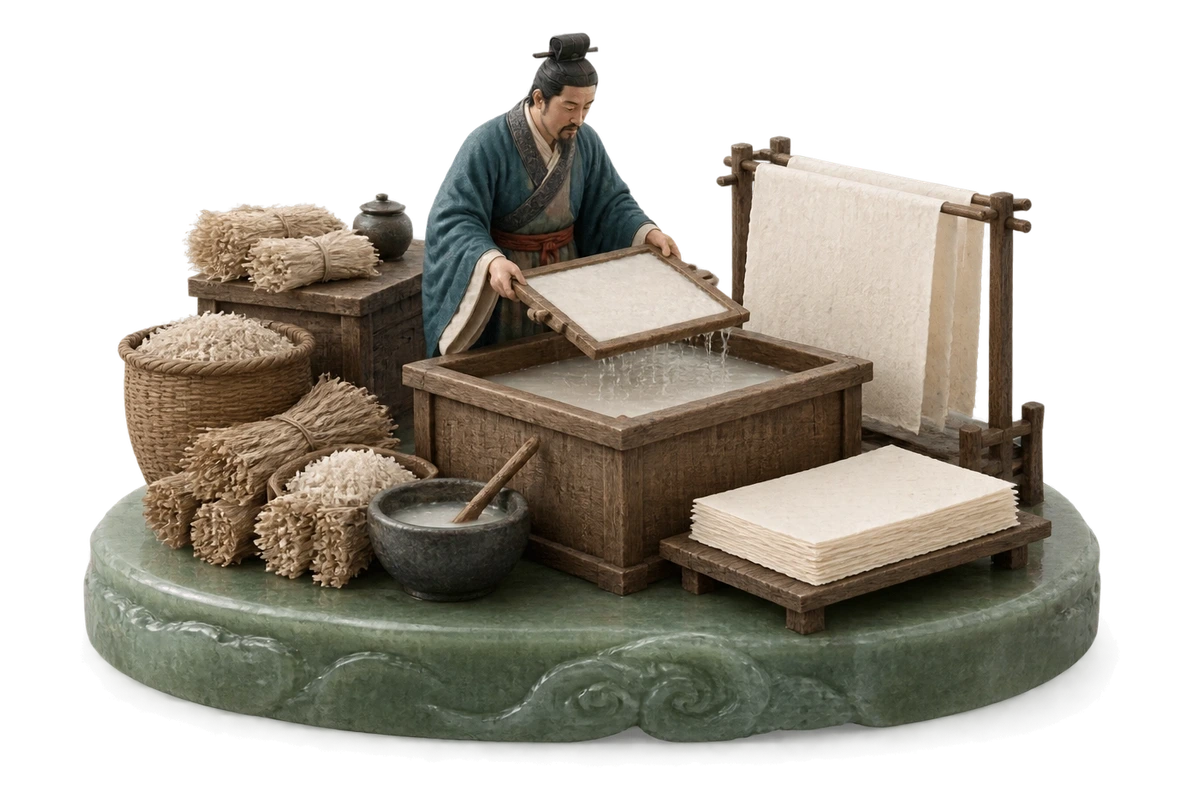 蔡伦改进造纸 · AI 3D 历史主题示意
