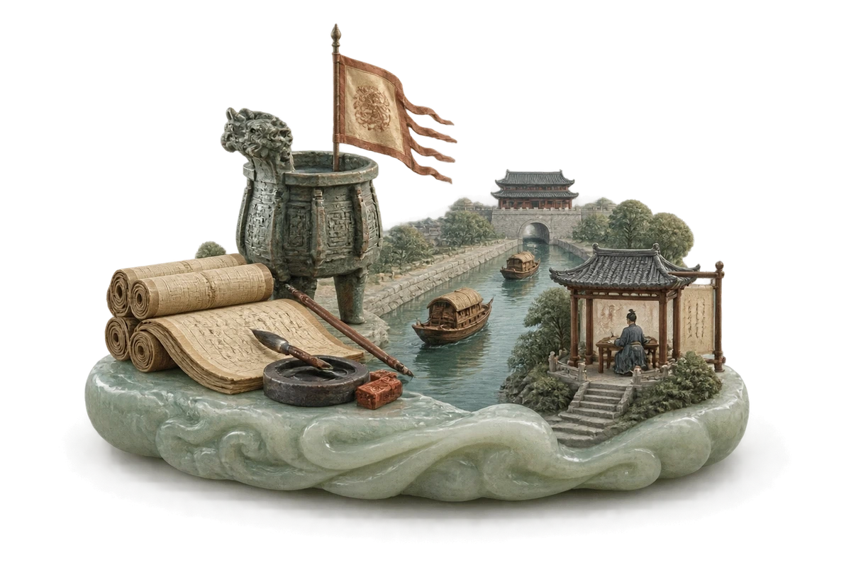 隋灭陈，南北统一 · AI 3D 历史主题示意