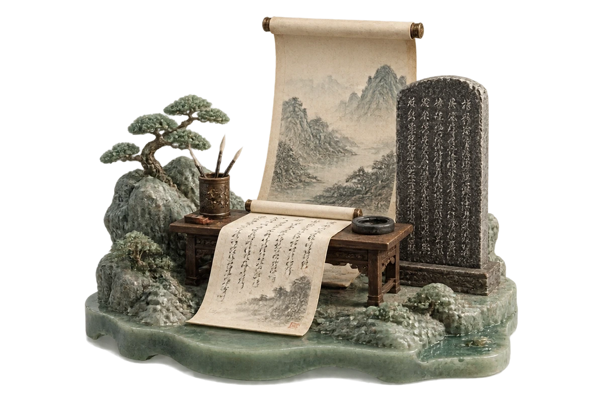 兰亭雅集与《兰亭集序》 · AI 3D 历史主题示意
