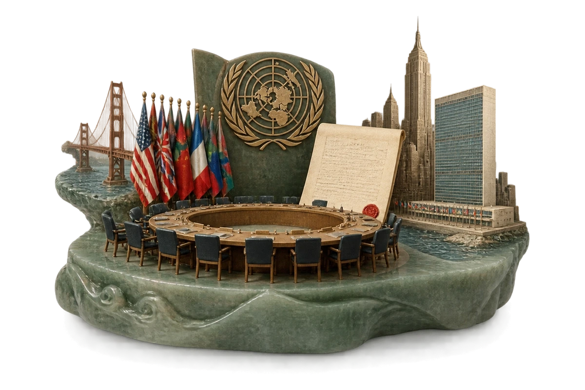 联合国成立 · AI 3D 历史主题示意